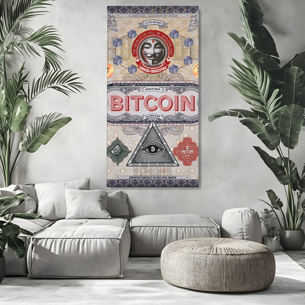 Tablou canvas cu ilustratie digitala cu tema bitcoin si criptomonede, fara rama, pe sasiu de lemn, pe perete intr-un living